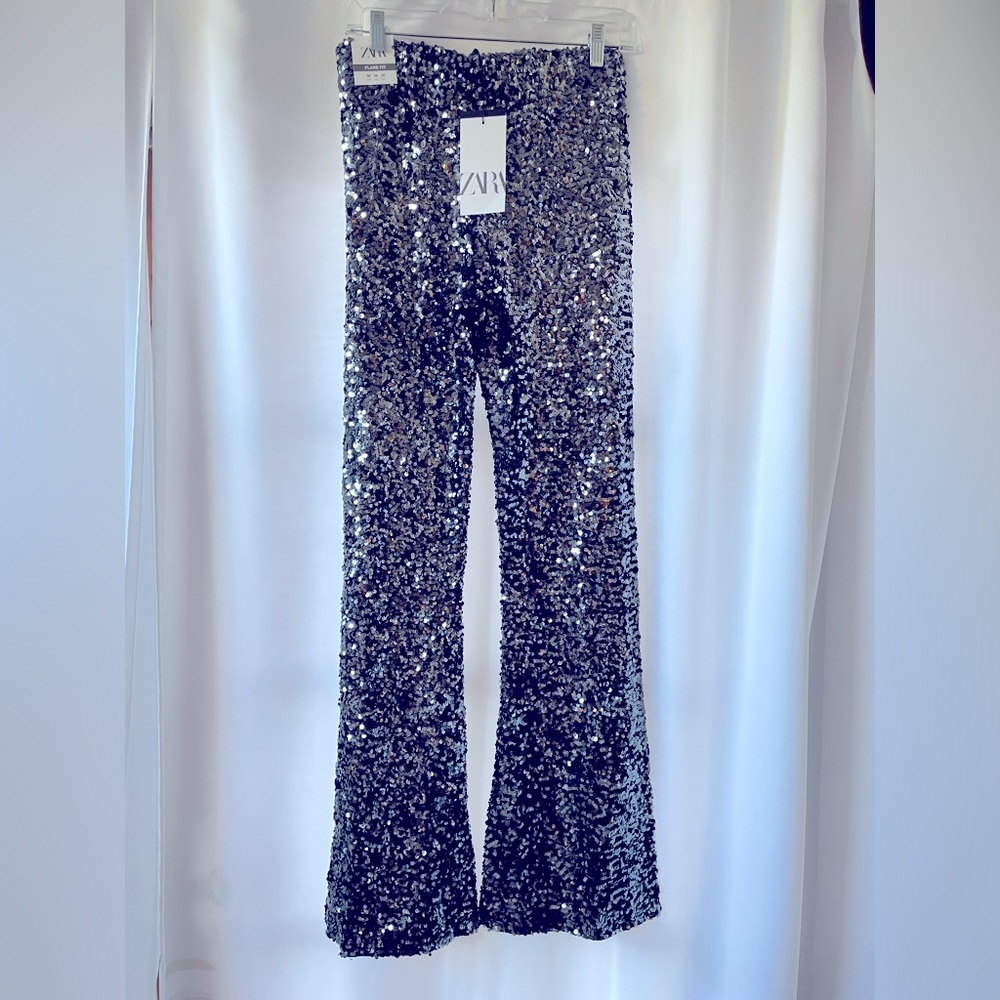 ZARA DARK SILVER GREY HIGH WAIST SEQUINNED FLARED WIDE LEG PANTS NWT - Picture 2 of 7